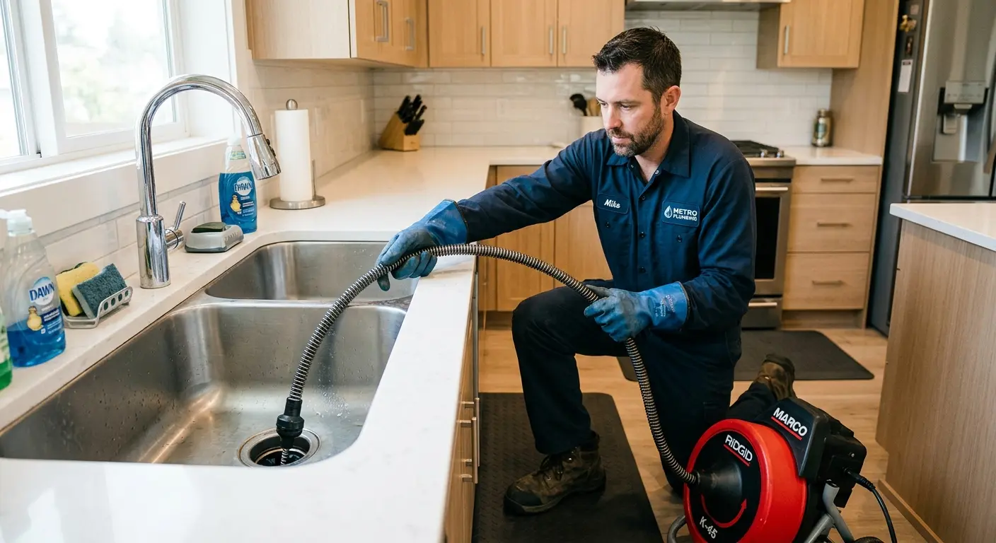 Drain cleaning technician using a motorized snake on a kitchen sink in Anthony
