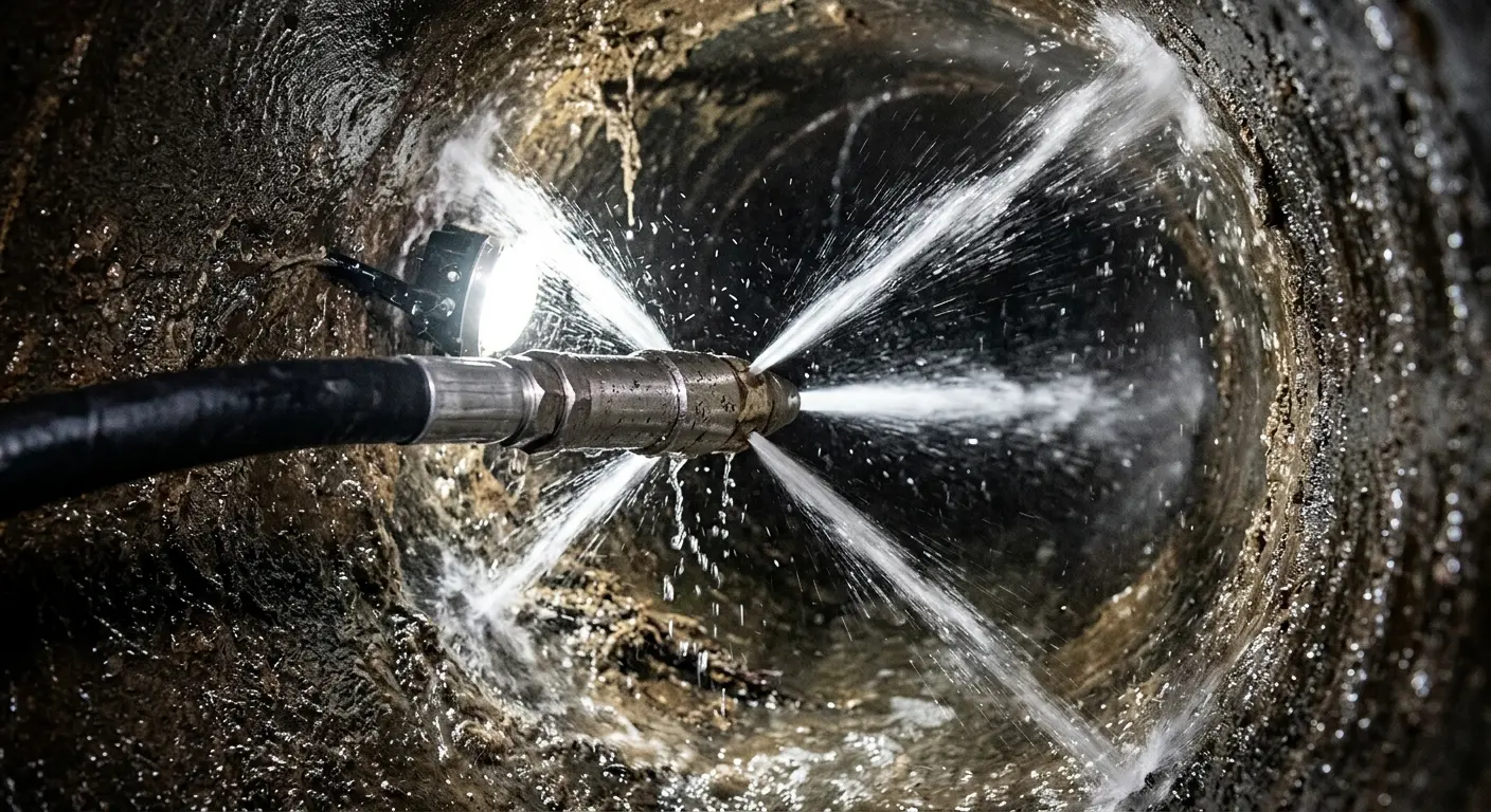 High-pressure hydro jetting nozzle cleaning sewer pipe for Emergency Drain Service in Anthony