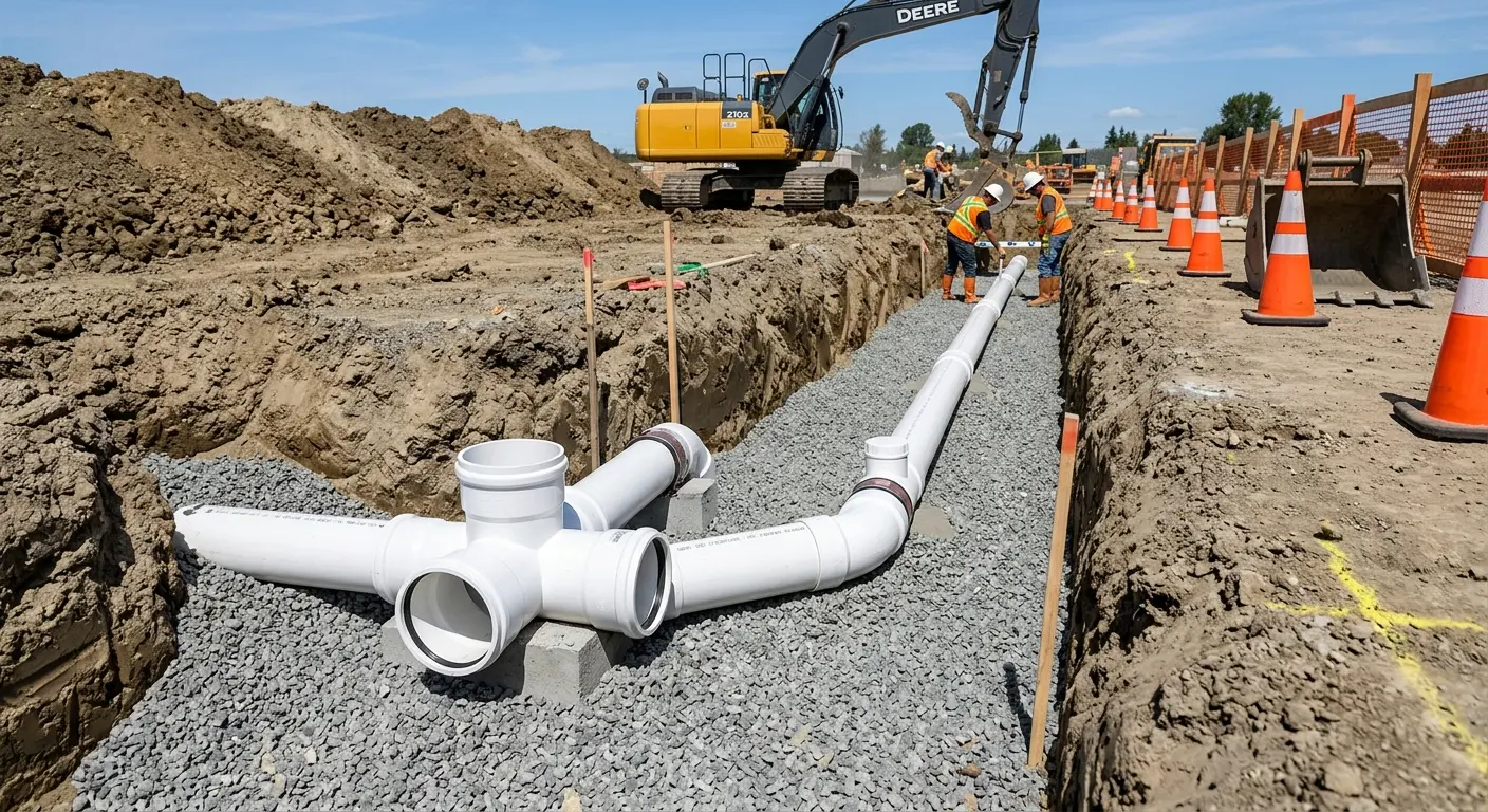 New PVC sewer pipe installation in open trench for Sewer Backup in Anthony