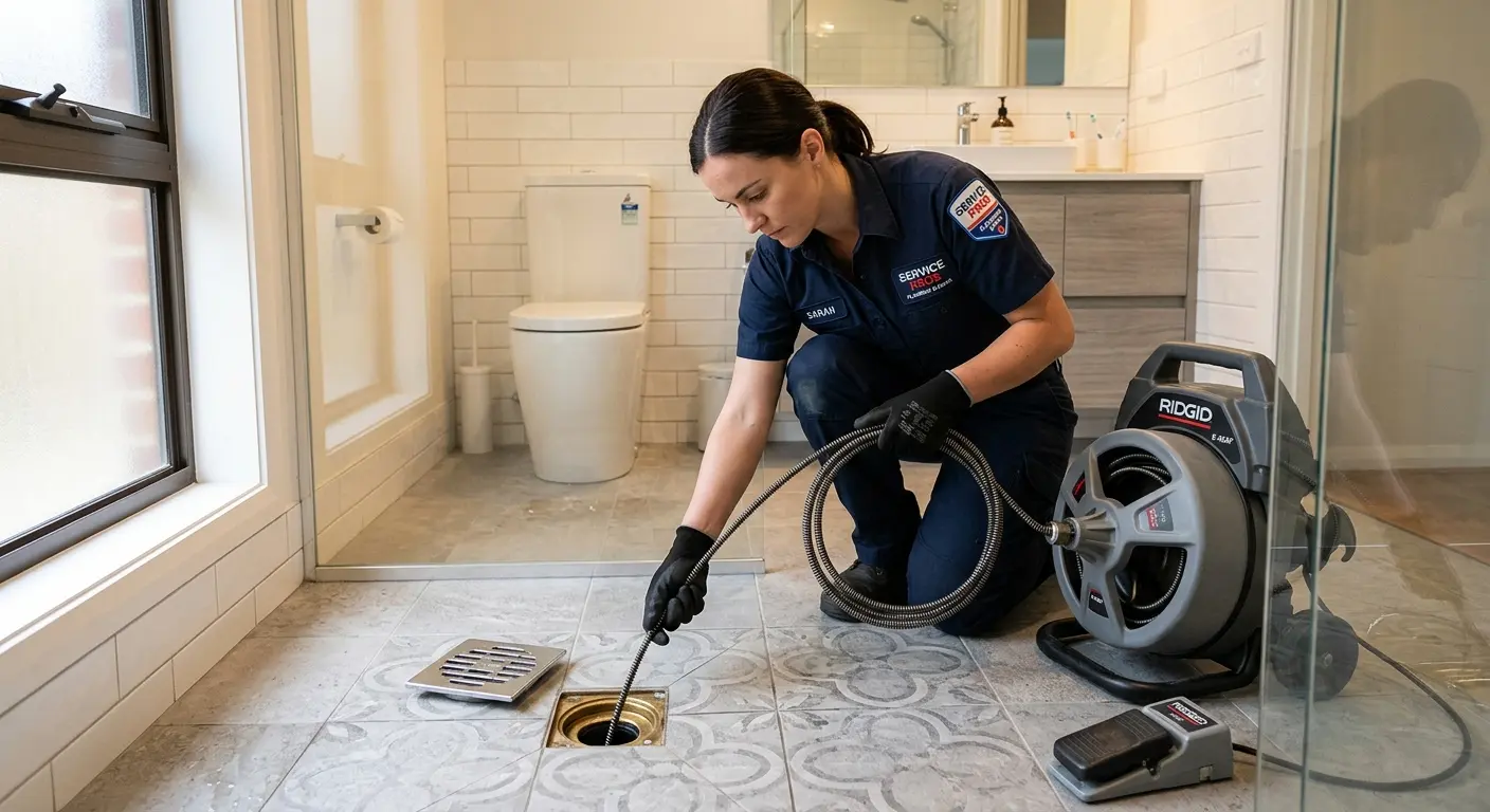 Technician clearing a bathroom floor drain for Drain Cleaning in Anthony